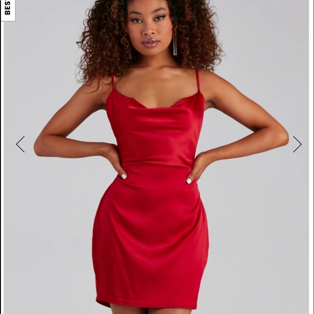 red silk cages back mini dress